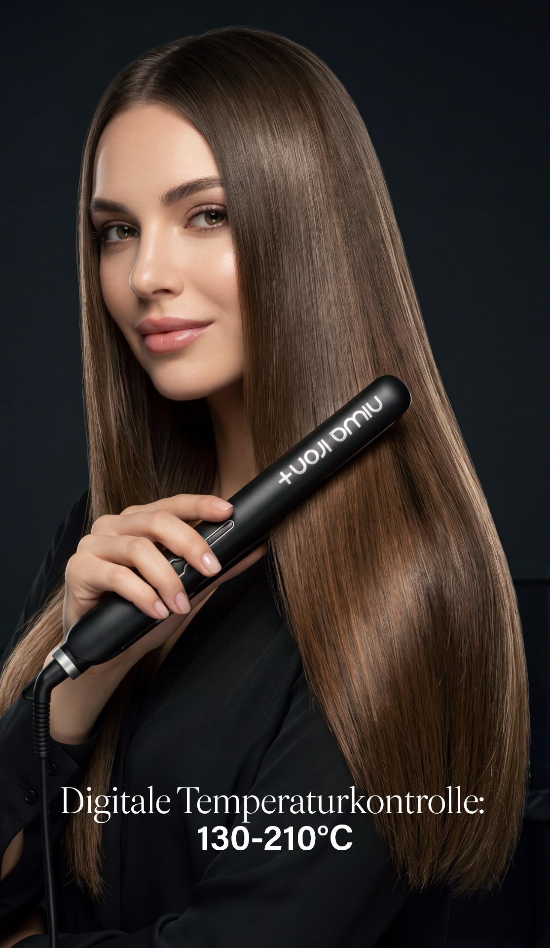 Frau mit langen, glatten Haaren und dem niwa iron+